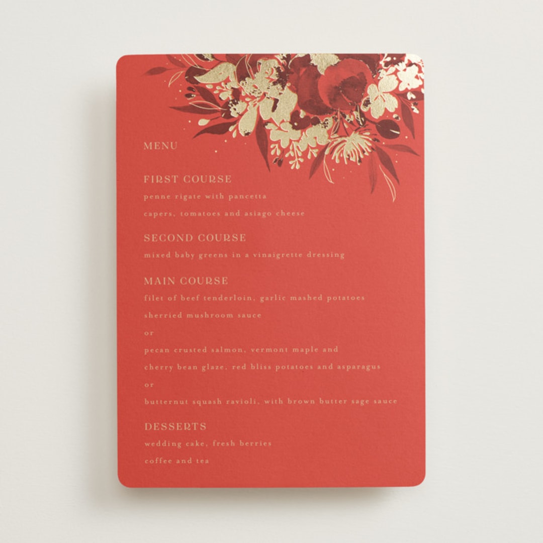 "Happiness" - Foil-Pressed Menus in Cherry by Shannon Chen of Four Wet Feet Studio - Front