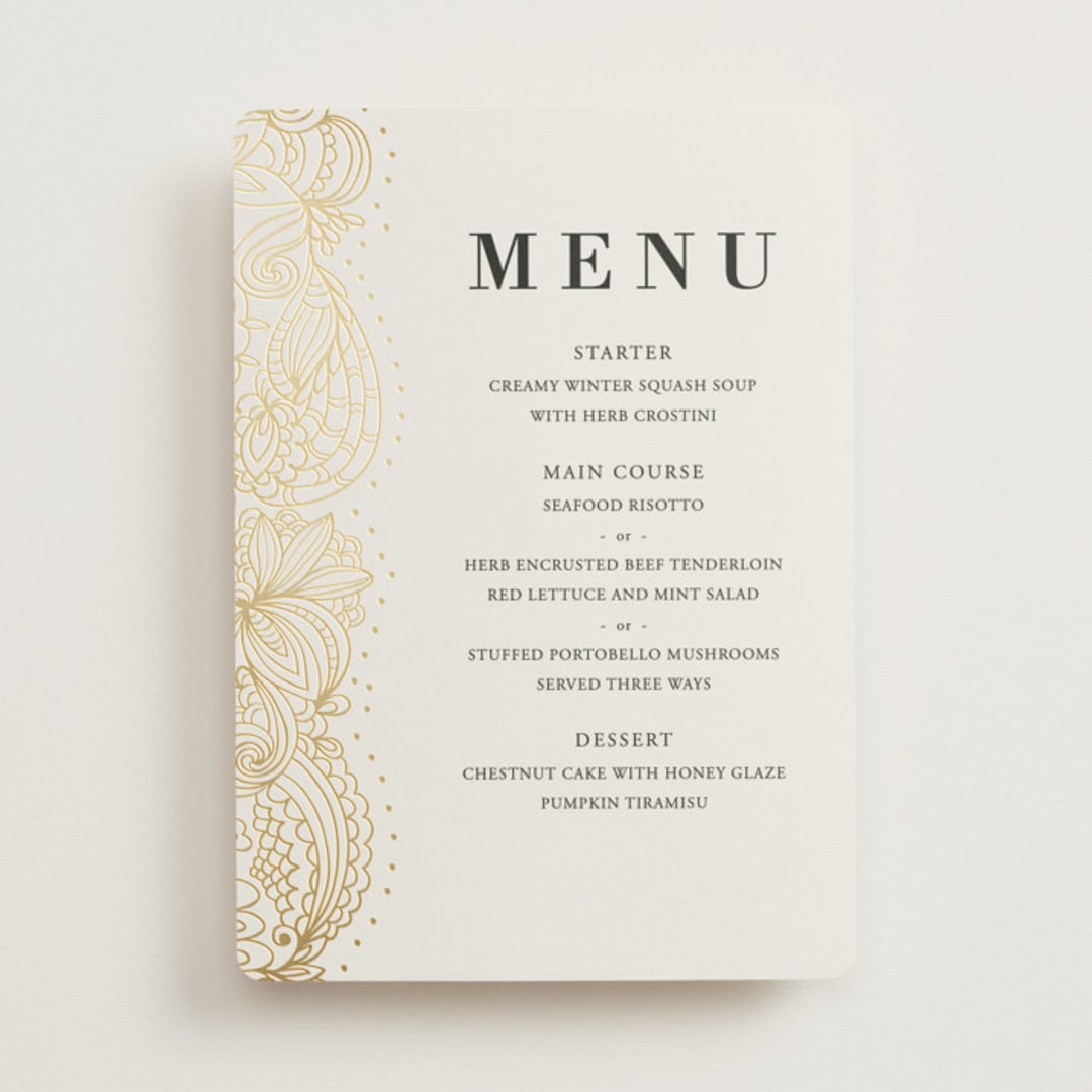 "Elegant Henna" - Foil-Pressed Menus in Champagne by Oma N. Ramkhelawan - Front