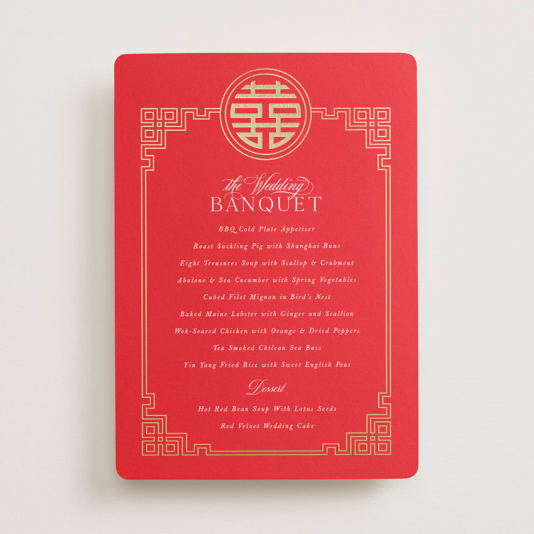 "HAPPINESS x 2" - Foil-Pressed Menus in Ruby by Melanie Kosuge - Front