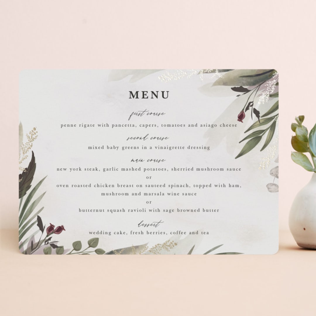 "Roses & Greenery" - Foil-Pressed Menus in Aubergine by Susan Moyal - Front