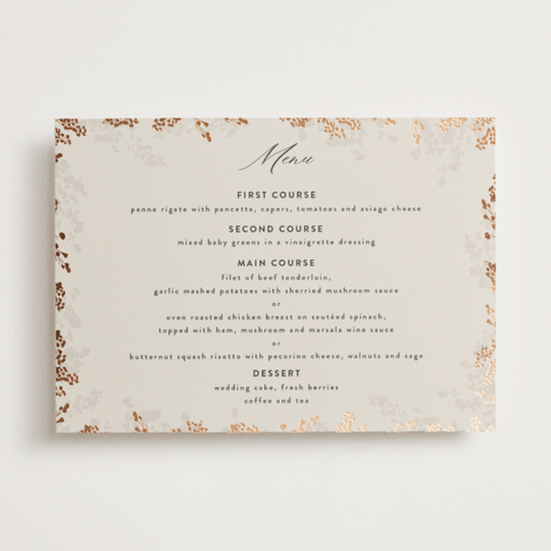 "Botanical Edge" - Foil-Pressed Menus in Latte by Susan Moyal - Front