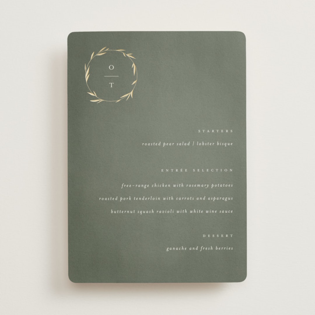 "Minimal Circle" - Foil-Pressed Menus in Moss by Kelly Schmidt - Front