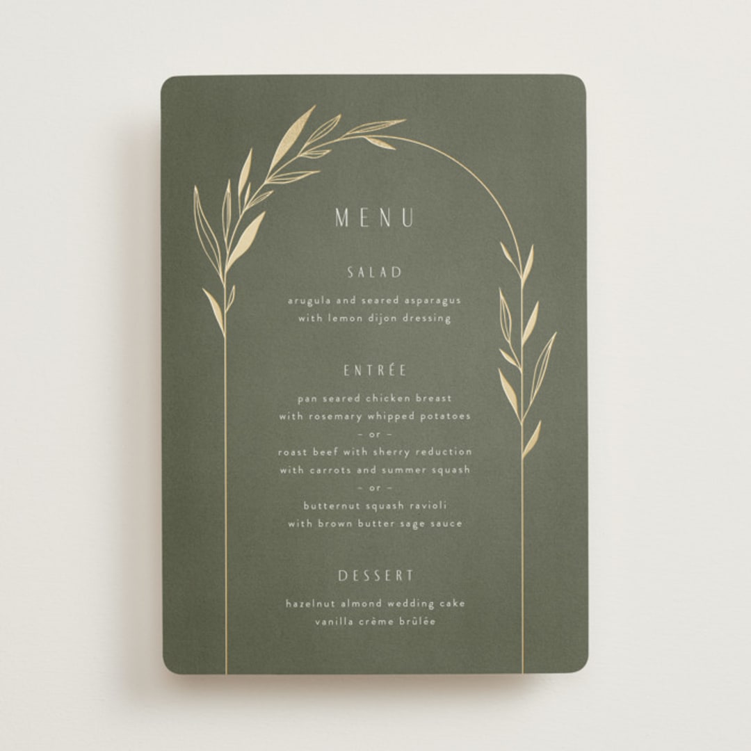 "Botanical Arches" - Foil-Pressed Menus in Moss by Kelly Schmidt - Front