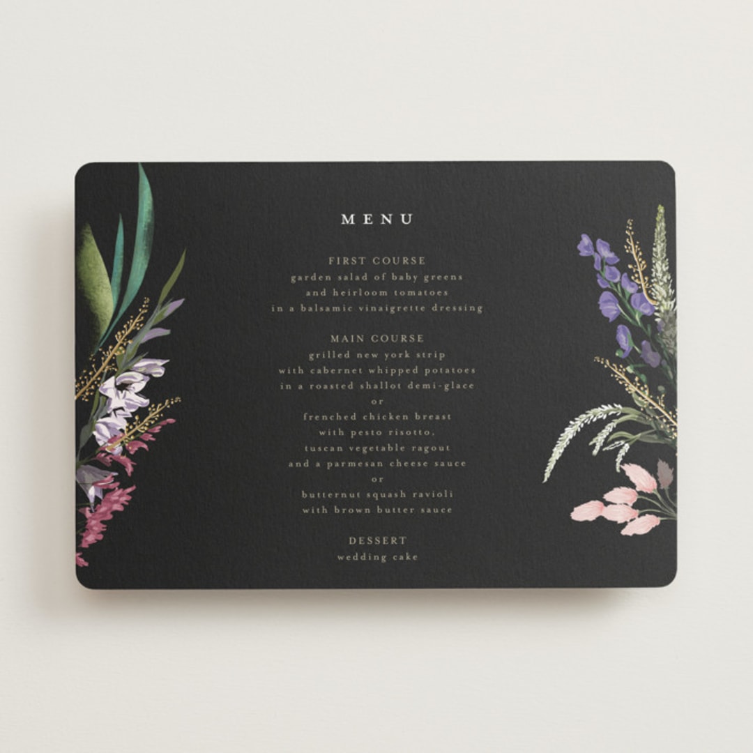 "Bold Bouquet" - Foil-Pressed Menus in Midnight by Susan Moyal - Front