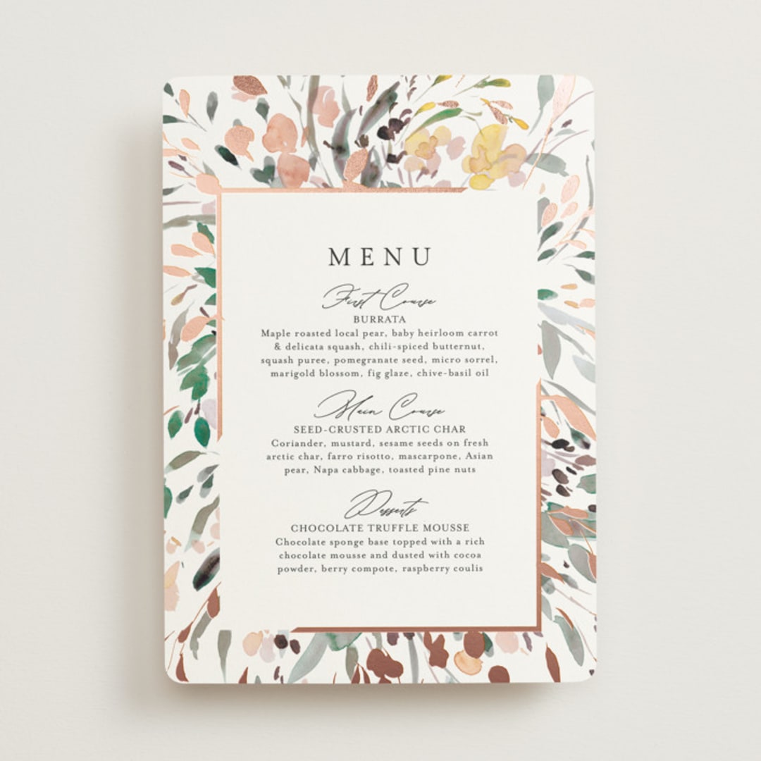 "Undone" - Foil-Pressed Menus in Garden by Itsy Belle Studio - Front