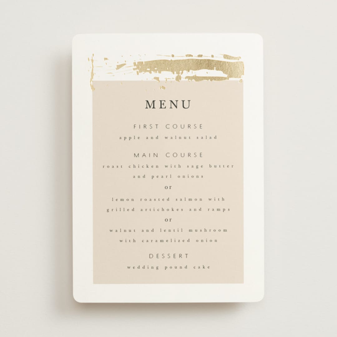 "Modern Serene" - Foil-Pressed Menus in Blush by Hannah Williams - Front