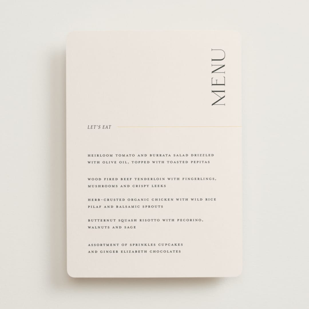 "Modernist Monogram" - Foil-Pressed Menus in Latte by Christie Garcia - Front