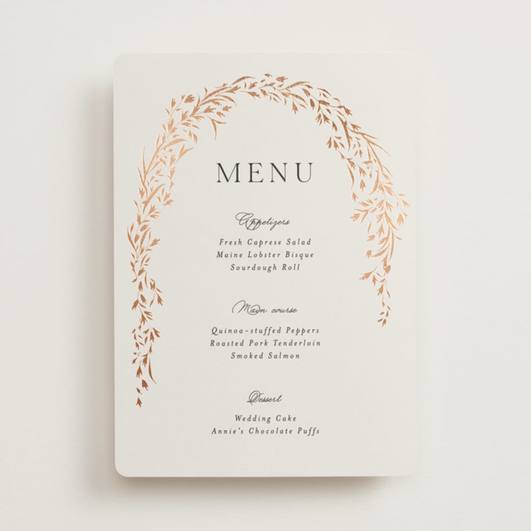 "Trailing Vines" - Foil-Pressed Menus in Almond by Erin L. Wilson - Front
