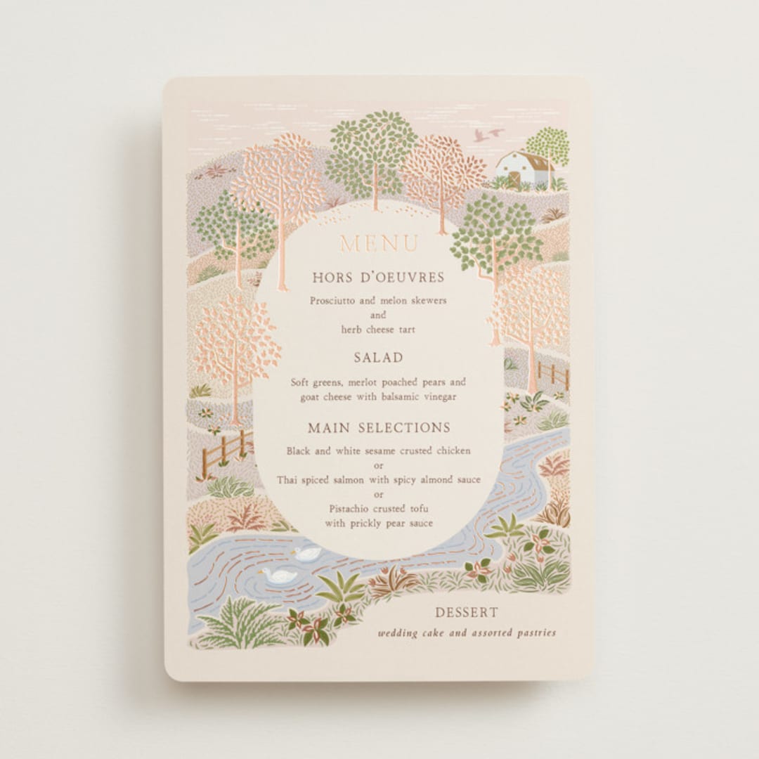 "Countryside" - Foil-Pressed Menus in Rose Quartz by Paper Sun Studio - Front