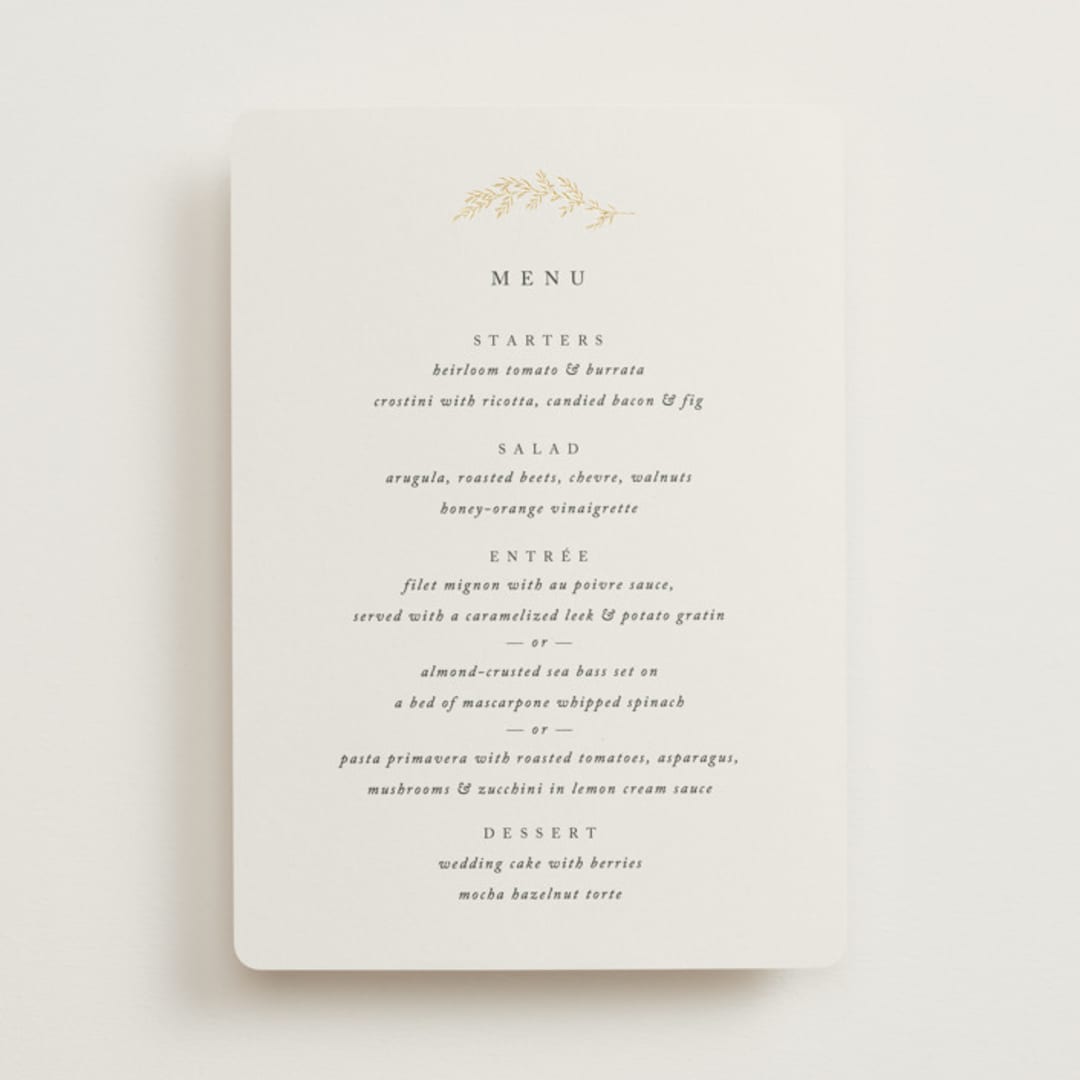 "To Hold" - Foil-Pressed Menus in Ivory by Carolyn Nicks - Front