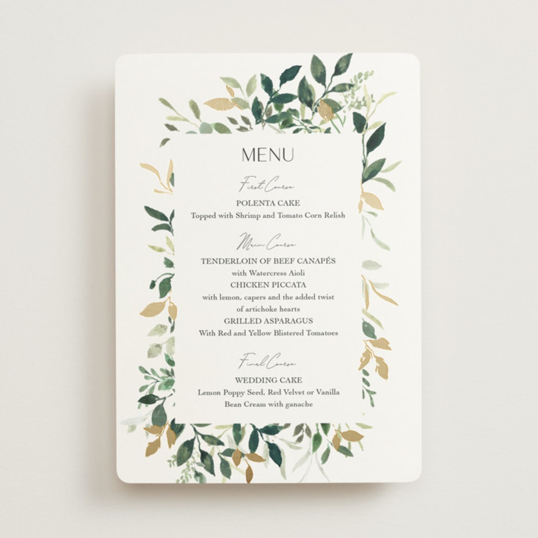 "Garden Serenity" - Foil-Pressed Menus in Greenery by Itsy Belle Studio - Front