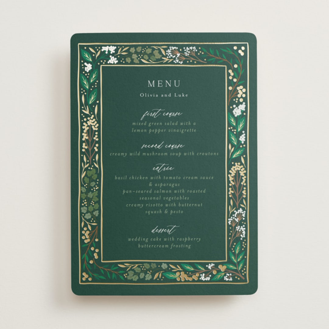 "Illuminated Storybook" - Foil-Pressed Menus in Evergreen by Alethea and Ruth - Front