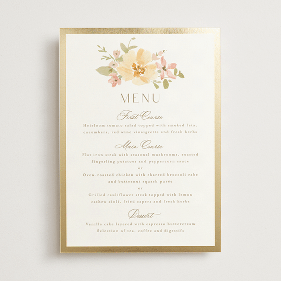 "Jardin" - Foil-Pressed Menus in Carnation by Everett Paper Goods - Front