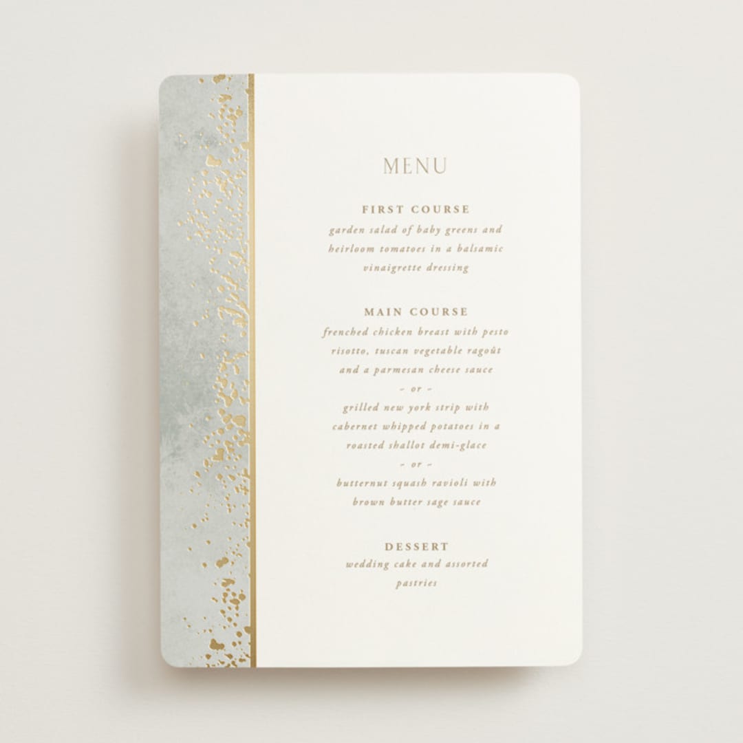 "Effervescent" - Foil-Pressed Menus in Dove by Meggy Masters - Front