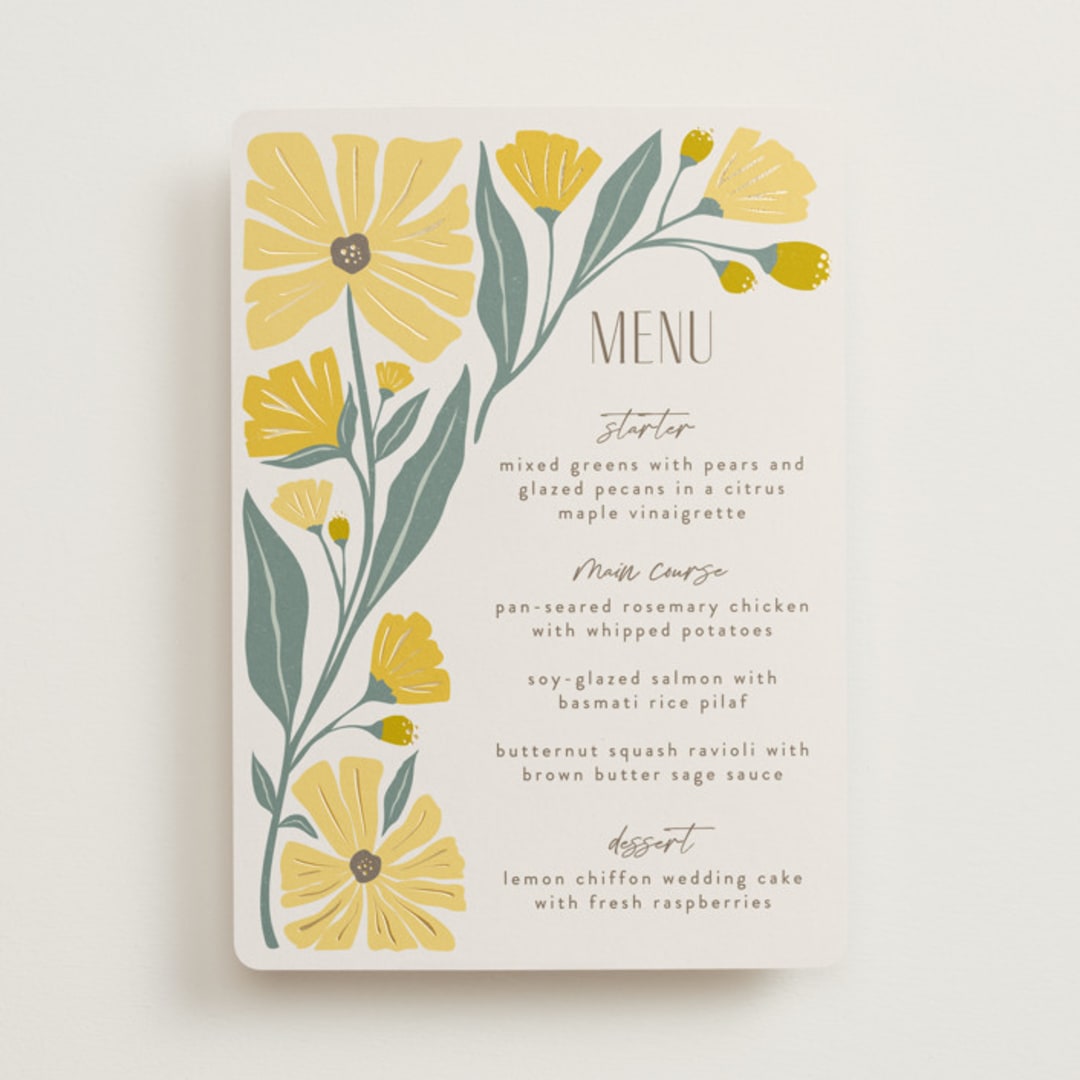 "storybook garden" - Foil-Pressed Menus in Buttercup by Karidy Walker - Front