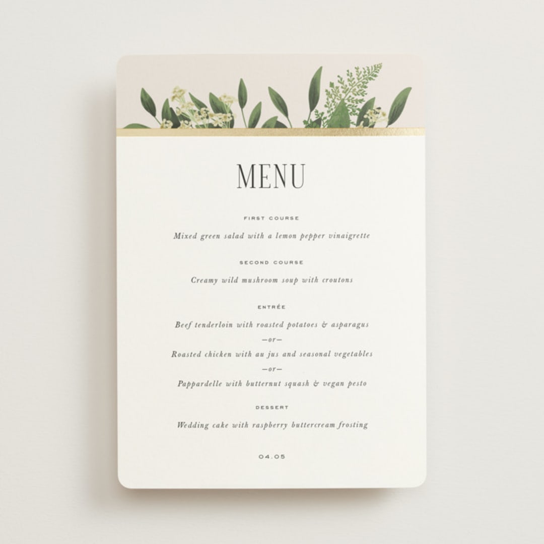"Bliss" - Foil-Pressed Menus in Champagne by Leah Bisch - Front
