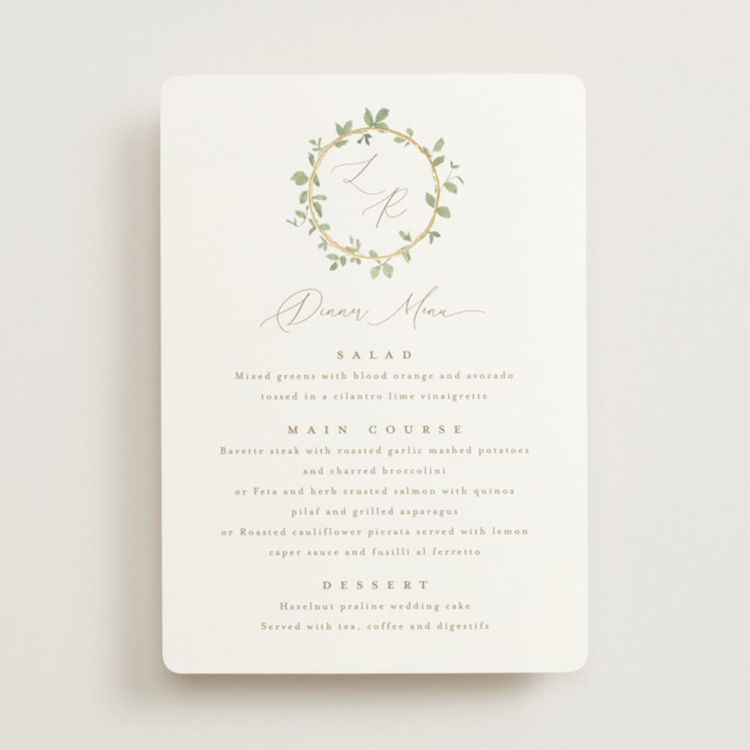 "Canopy" - Foil-Pressed Menus in Ivy by Everett Paper Goods - Front