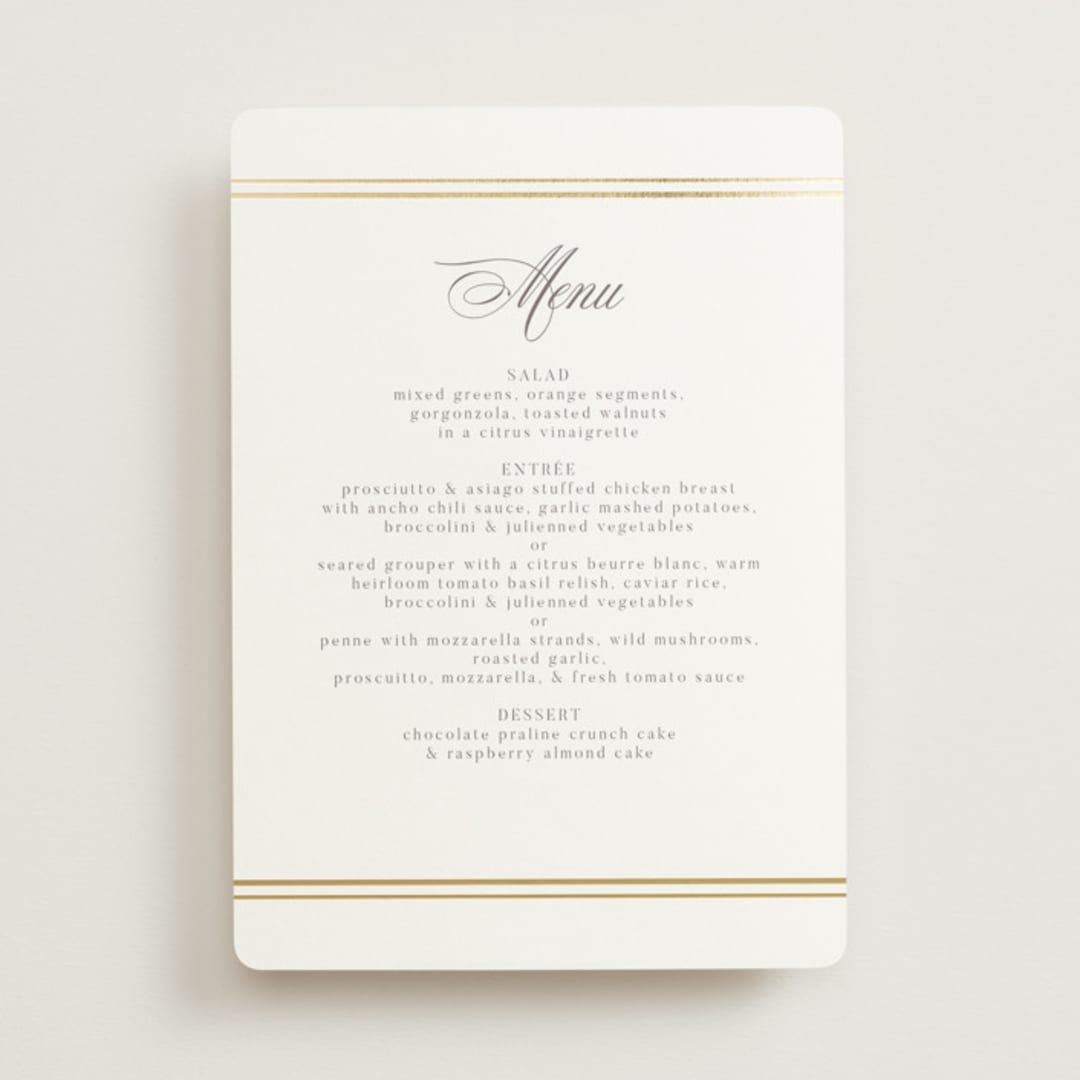 "Classic Elegance" - Foil-Pressed Menus in Pearl by Nicole Walsh - Front