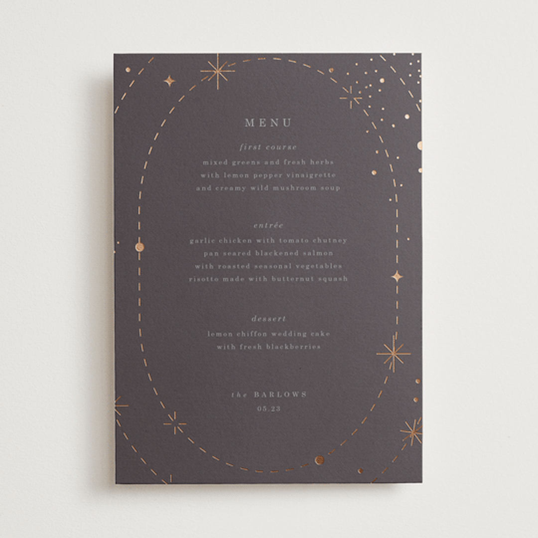 "North" - Foil-Pressed Menus in Twilight by Baumbirdy - Front