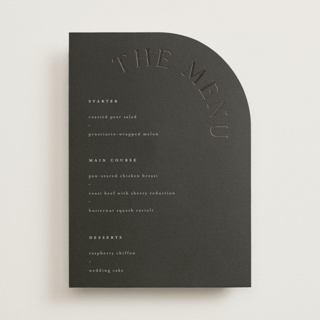 "The Arc" - Foil-Pressed Menus in Truffle by Vera Lim - Front