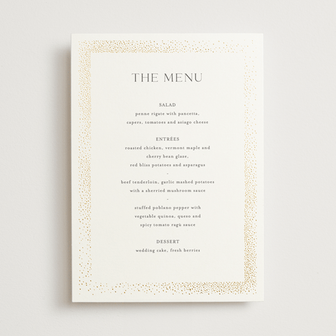 "Flicker" - Foil-Pressed Menus in Sparkle by Pixel and Hank - Front