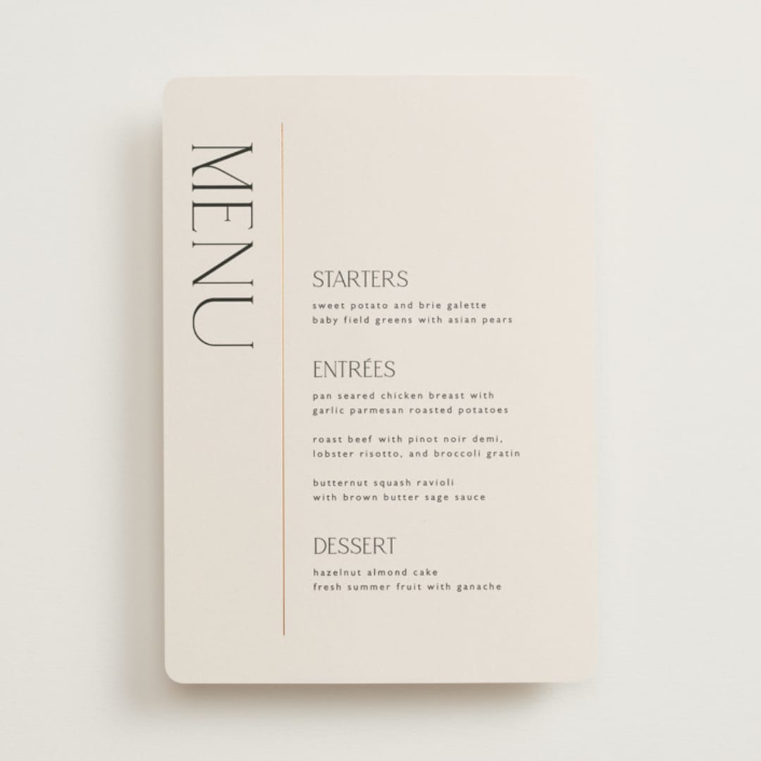 "Modern Corner" - Foil-Pressed Menus in Linen by Kelly Schmidt - Front