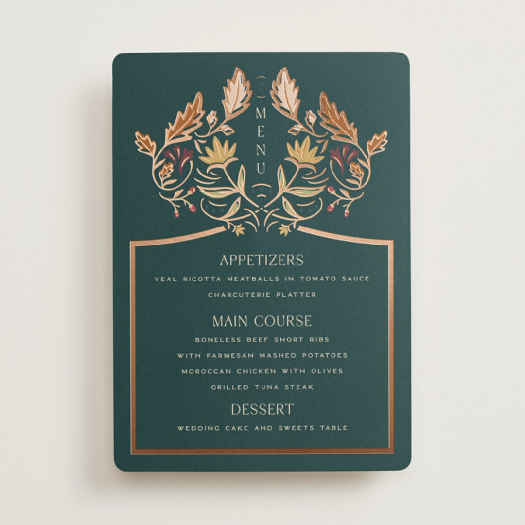 "Autumnal Arch" - Foil-Pressed Menus in Deep Sea by Erin German - Front