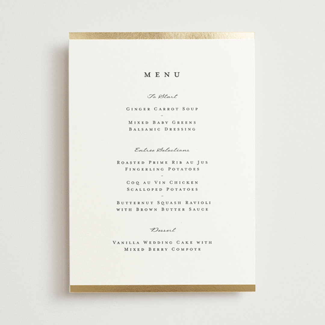 "Defined" - Foil-Pressed Menus in Snow by mo kelley - Front