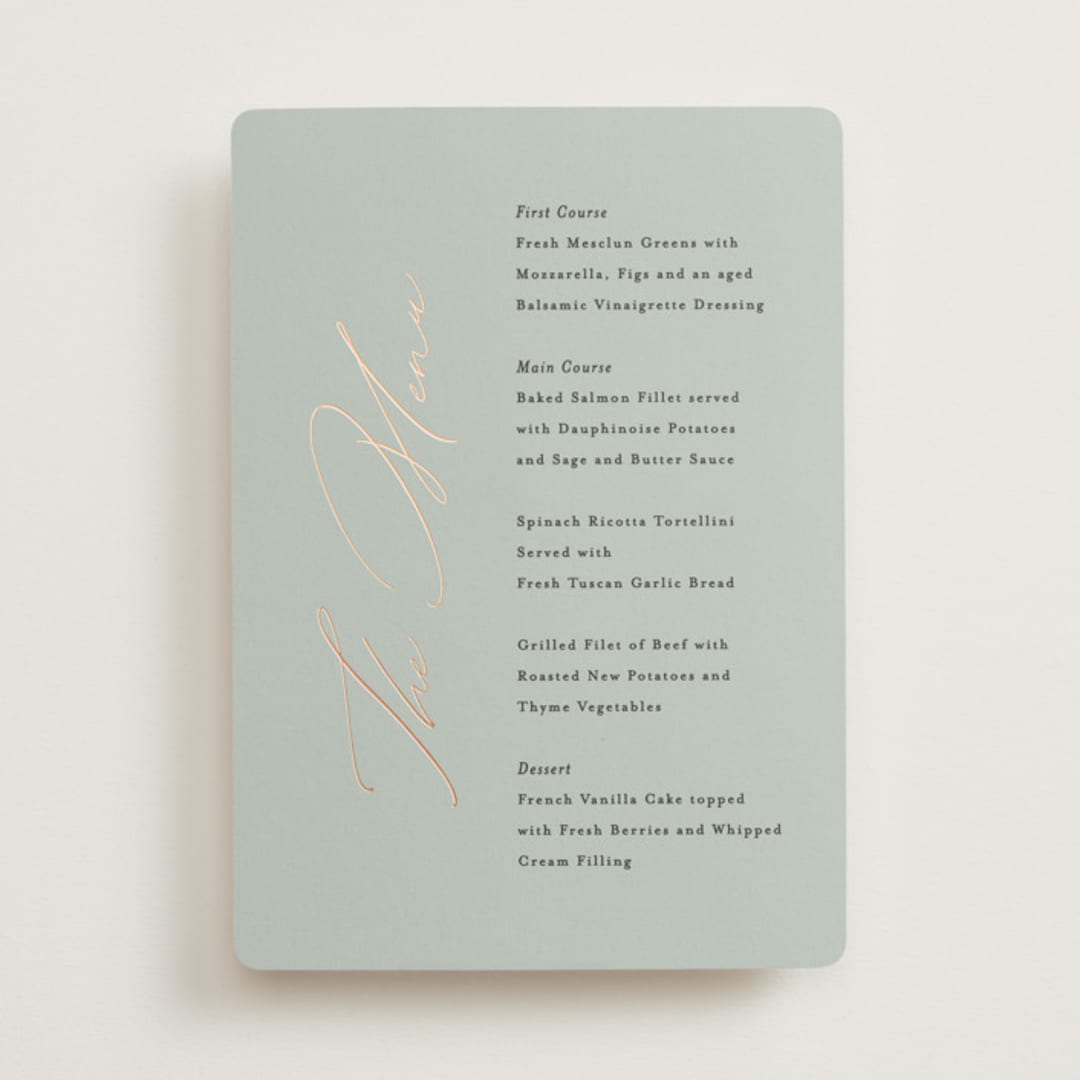 "Gilded Script" - Foil-Pressed Menus in Sage by Angela Thompson - Front