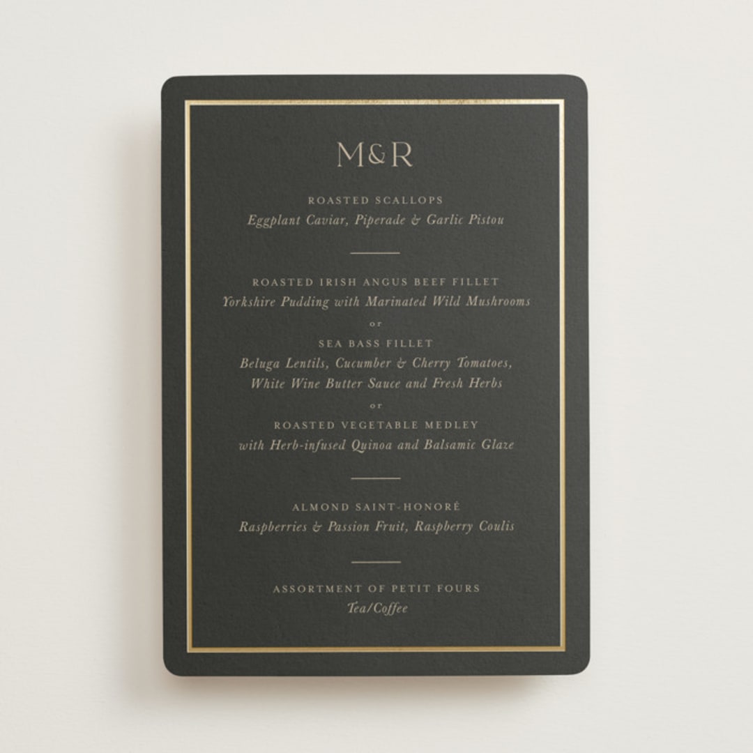 "Timeless Charm" - Foil-Pressed Menus in Charcoal by Lucrecia Caporale - Front