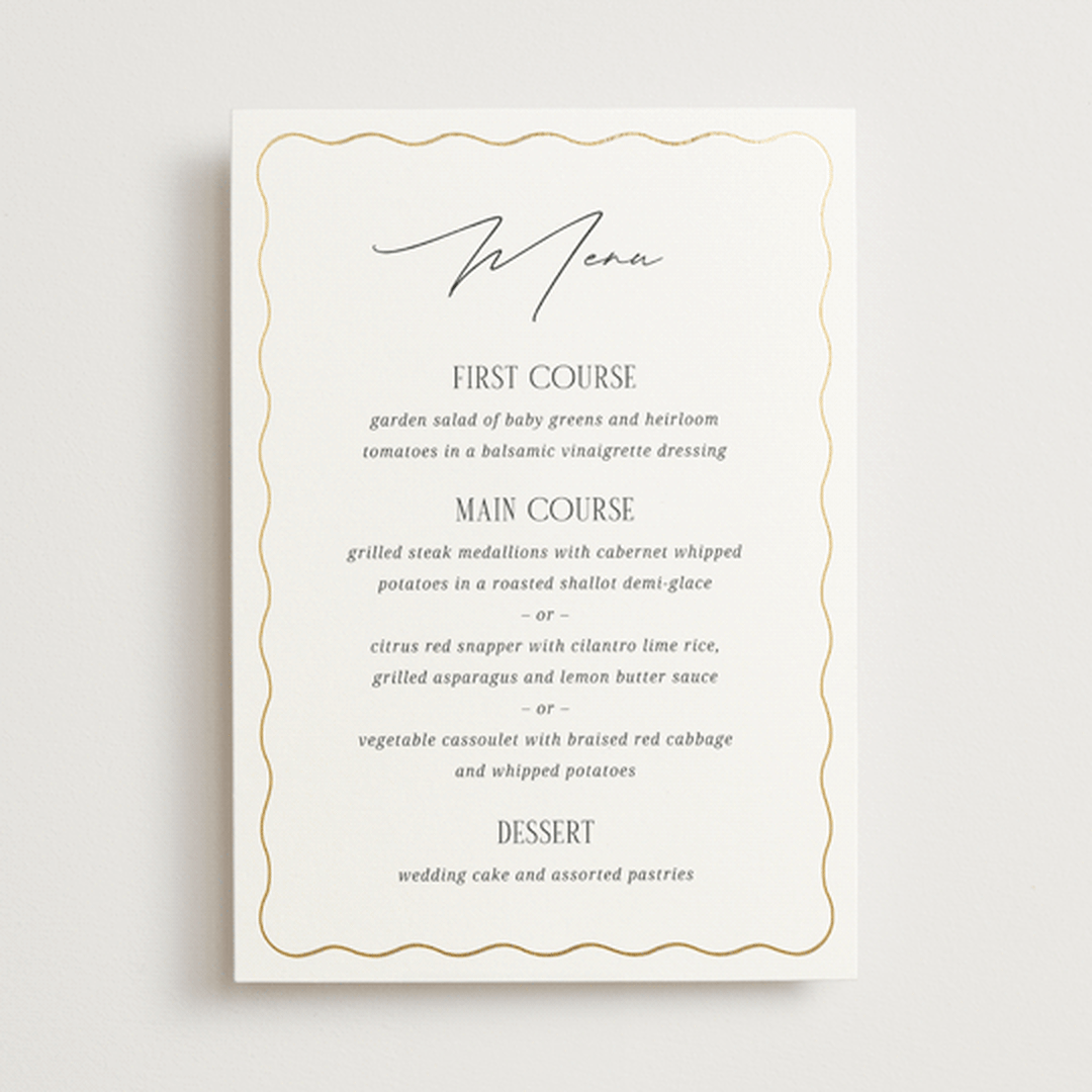 "Inventive" - Foil-Pressed Menus in Pepper by Olivia Raufman - Front