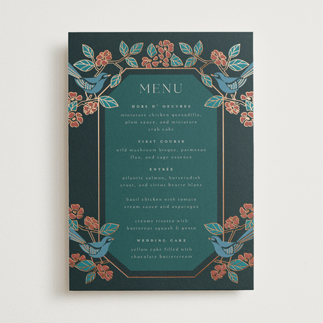 "Wedding birds" - Foil-Pressed Menus in Onyx by Ana de Sousa - Front