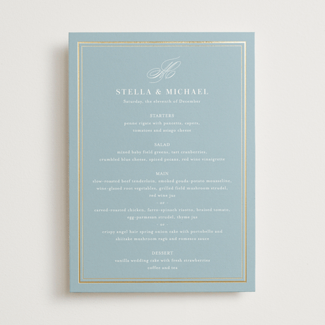 "Polished" - Foil-Pressed Menus in Powder Blue by Jennifer Postorino - Front