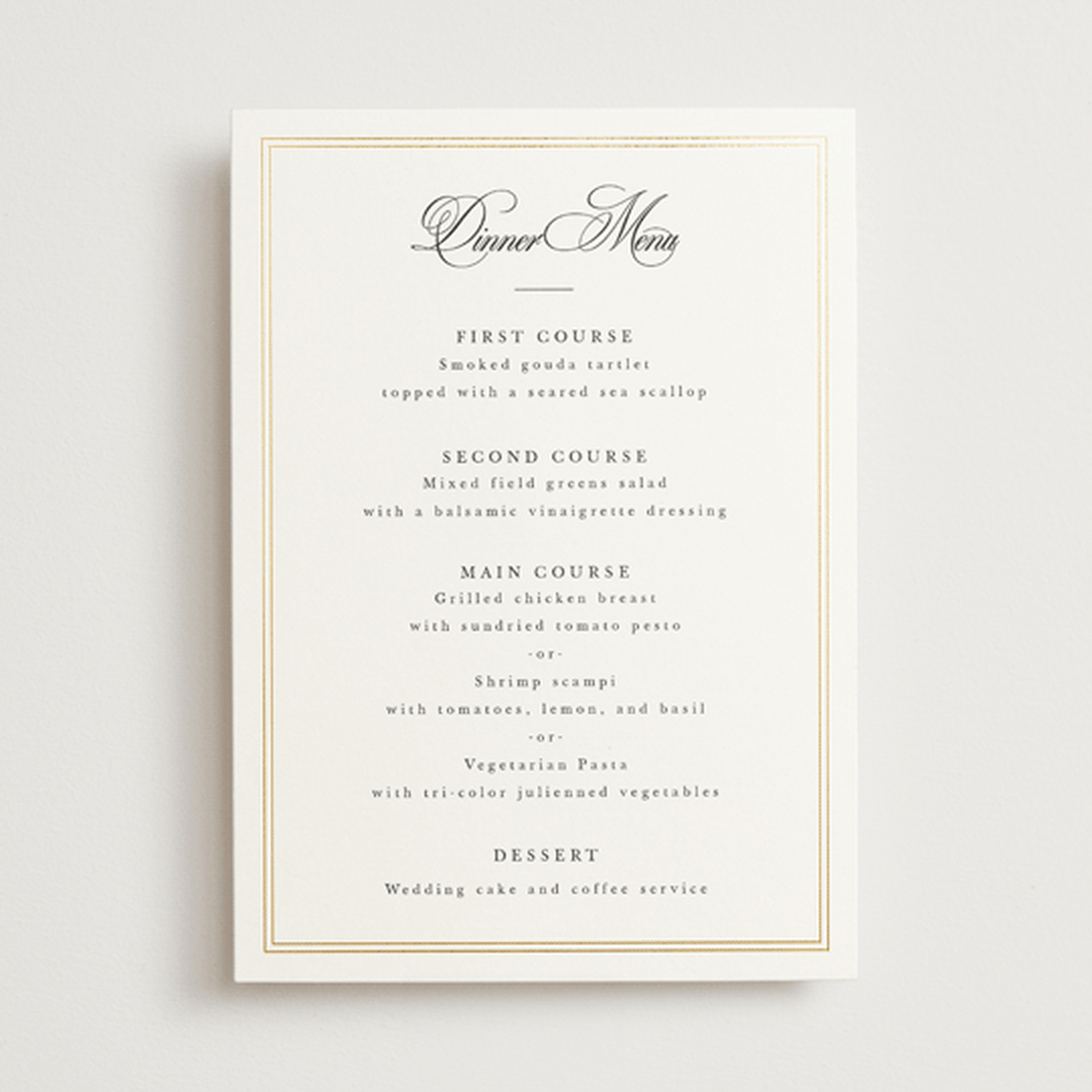 "Traditionalist" - Foil-Pressed Menus in Snow by Sarah Brown - Front