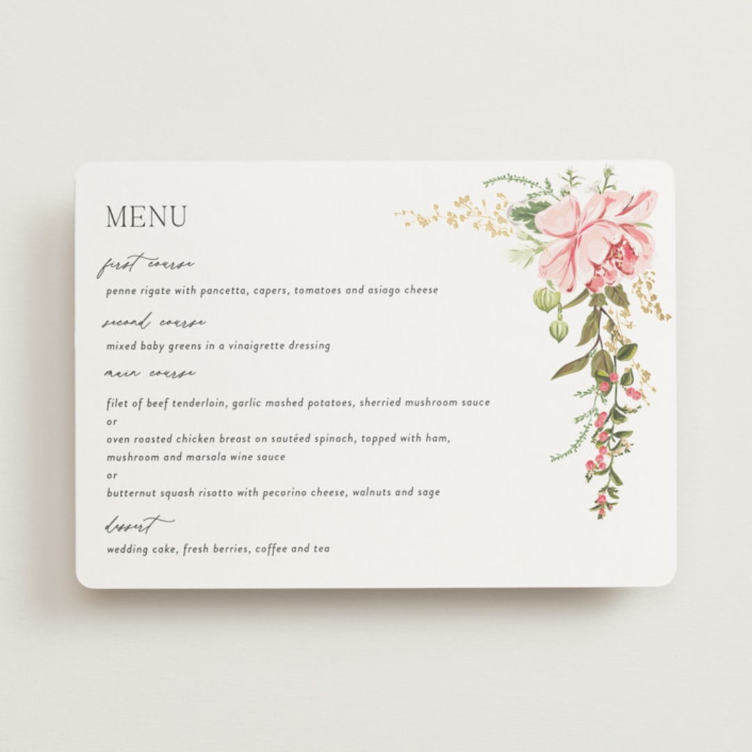"Timeless Blooms" - Foil-Pressed Menus in Peony by Susan Moyal - Front