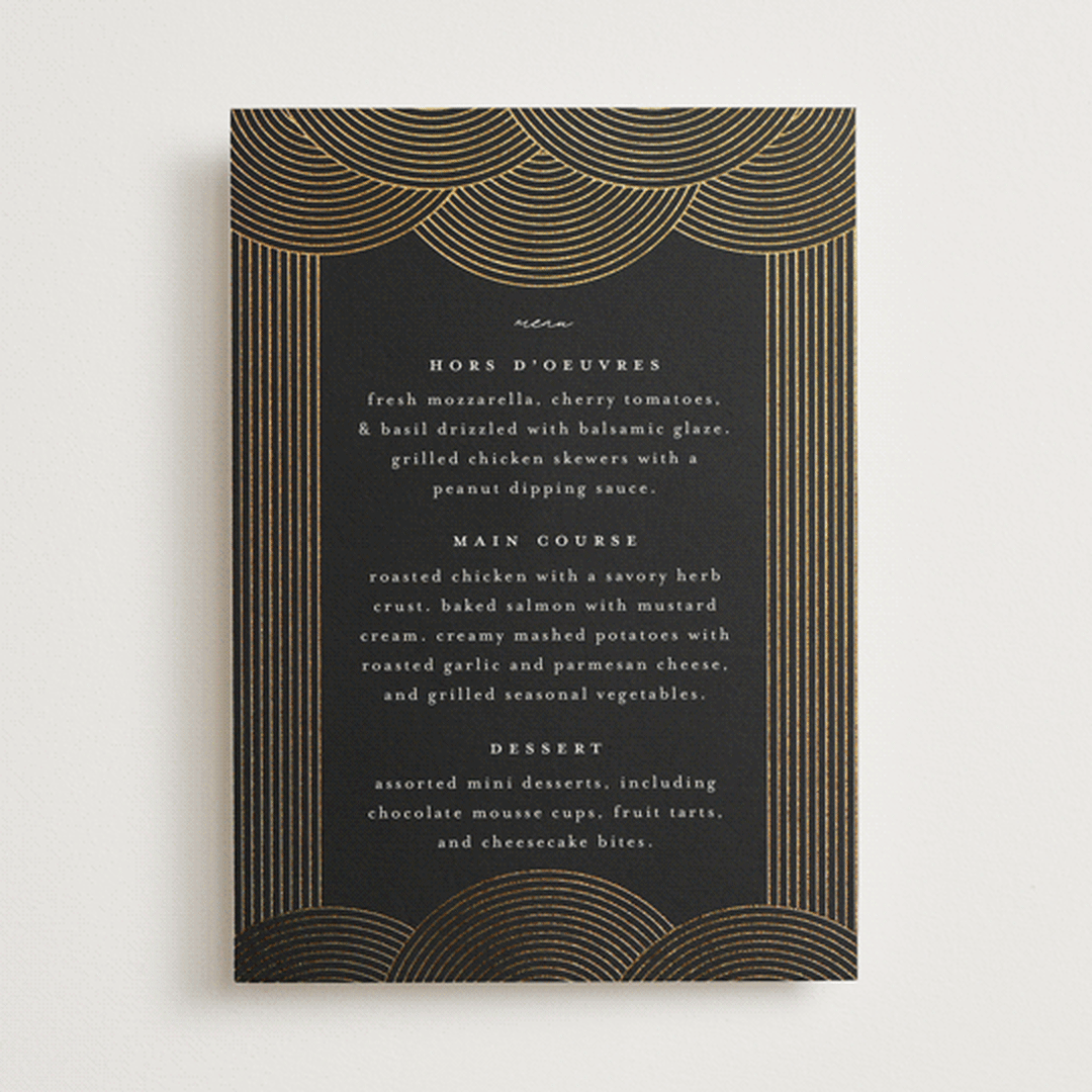 "ionic" - Foil-Pressed Menus in Onyx by Lori Wemple - Front