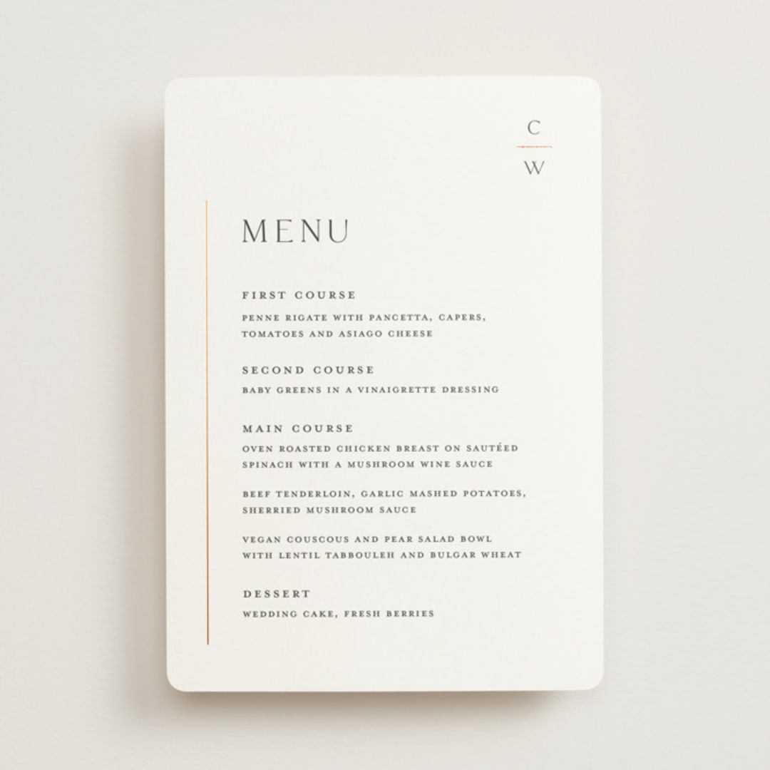 "Understated Elegance" - Foil-Pressed Menus in Cotton by Stacey Meacham - Front