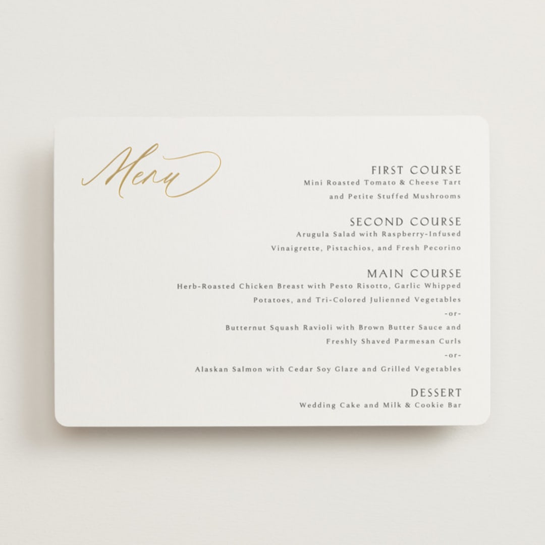 "Postcard" - Foil-Pressed Menus in Snow by Kaydi Bishop - Front