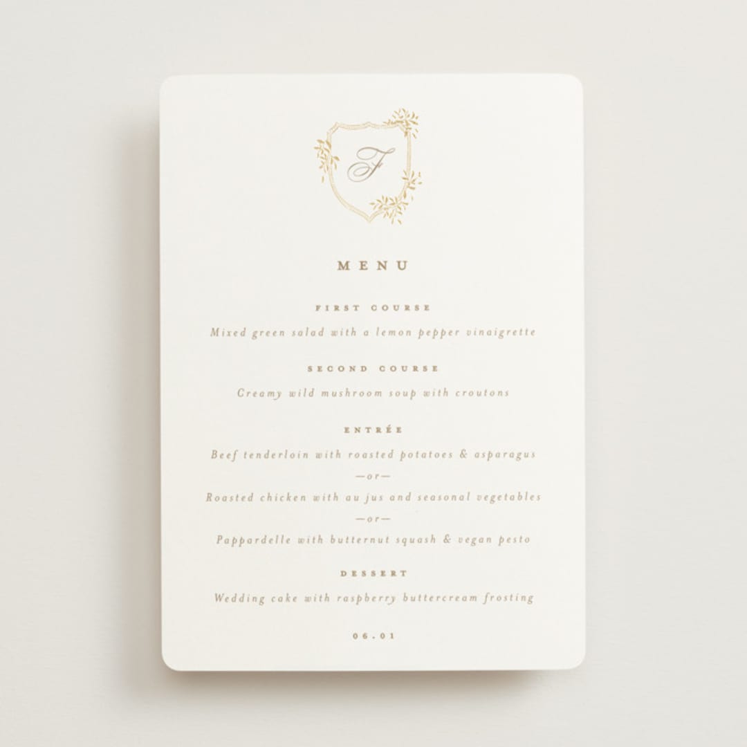 "Monogram in Leaves" - Foil-Pressed Menus in Pearl by Leah Bisch - Front