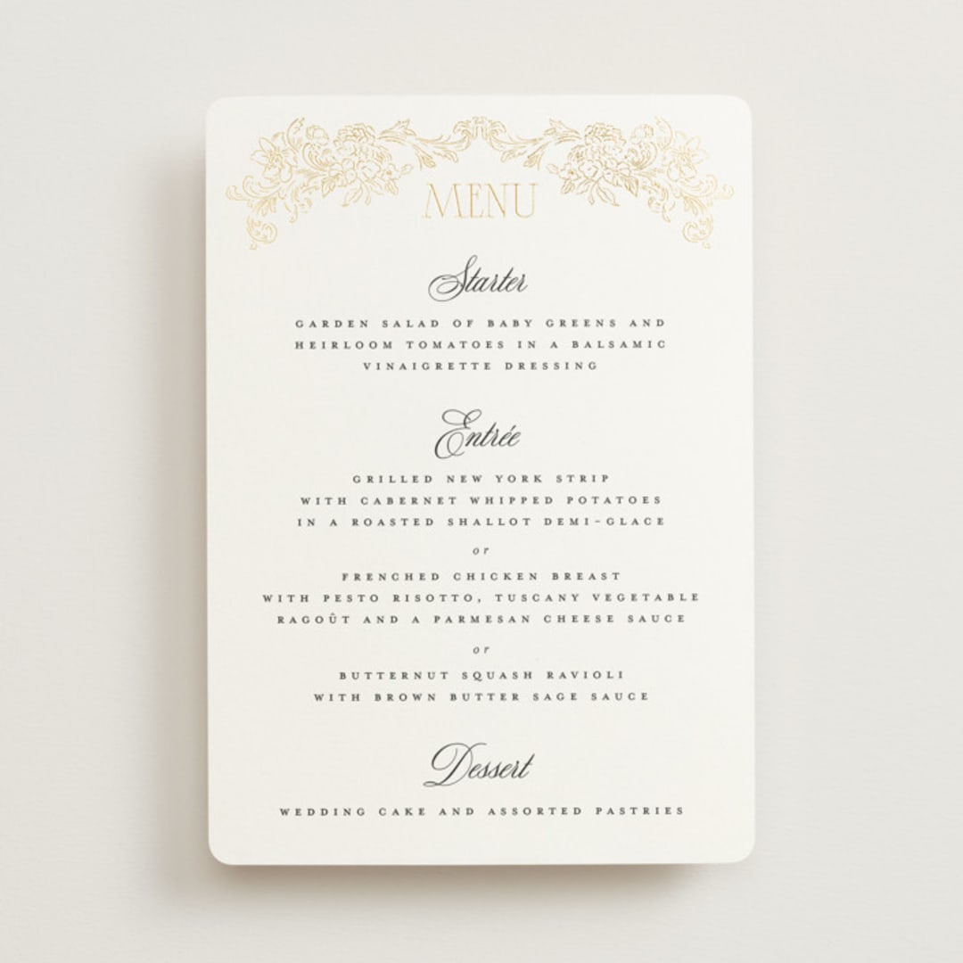 "Rococo" - Foil-Pressed Menus in Pearl by Jenna Holcomb - Front