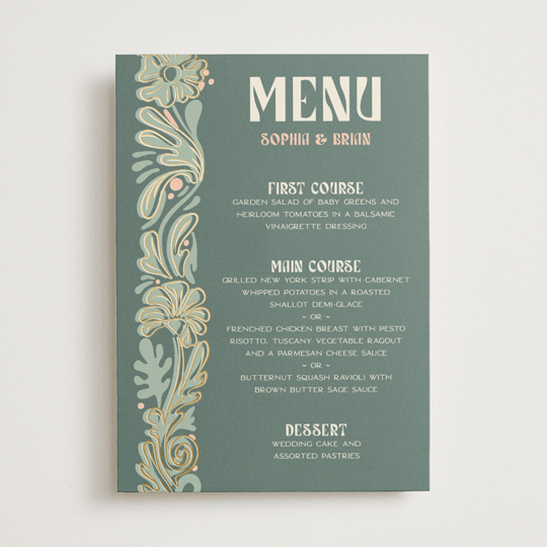 "Nouveau Frame" - Foil-Pressed Menus in Sage by GeekInk Design - Front