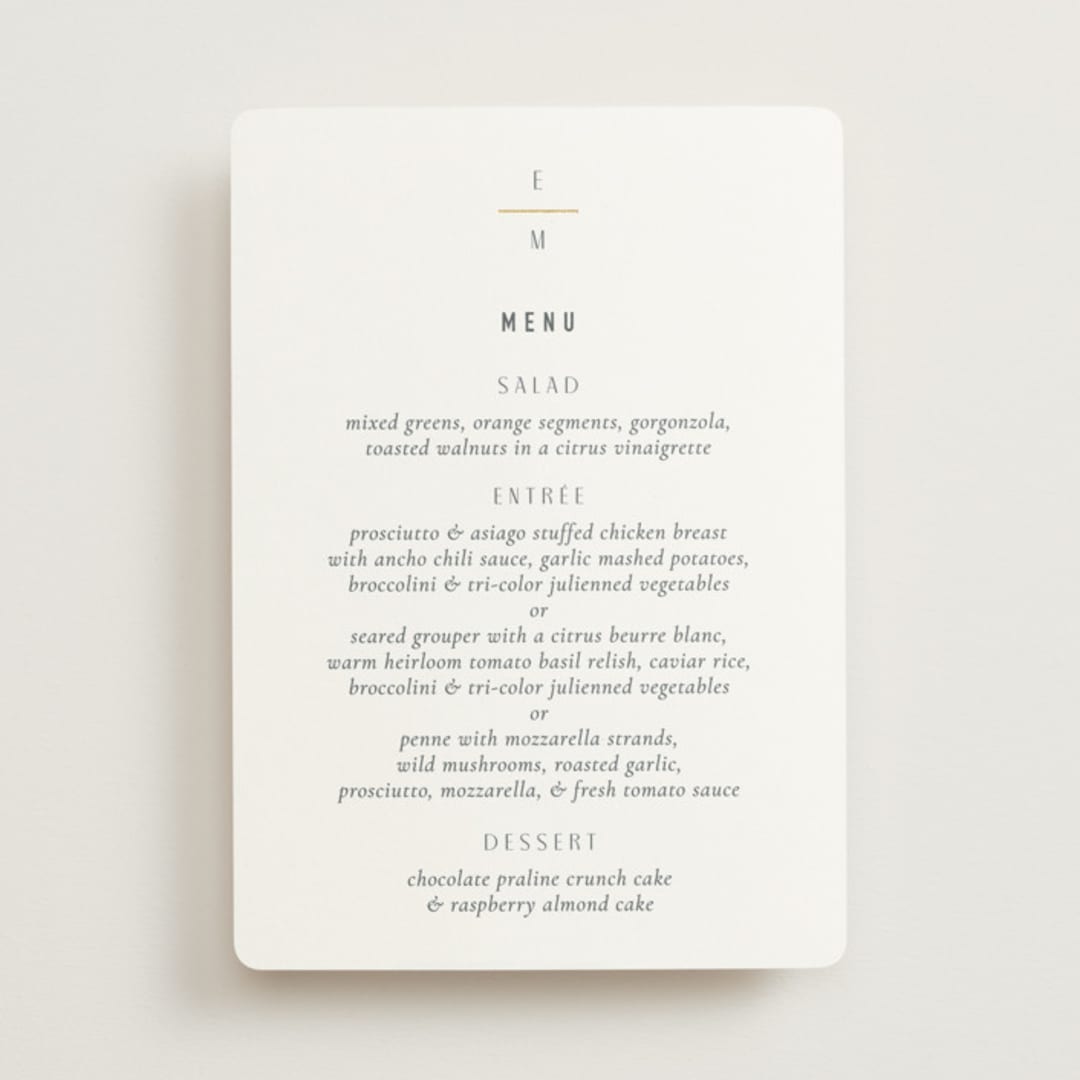 "Minimal Monogram" - Foil-Pressed Menus in Granite by Jackie Mangiolino - Front