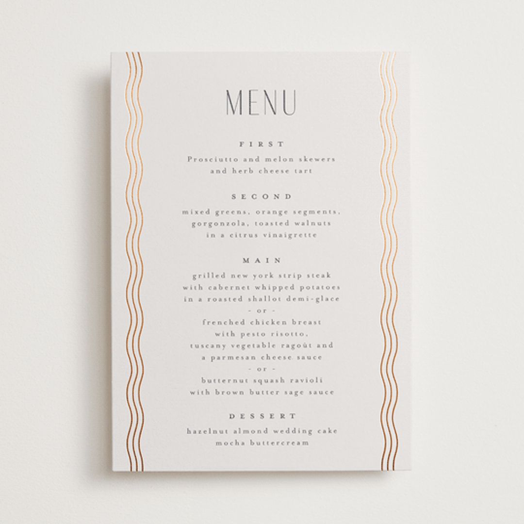"Newberry" - Foil-Pressed Menus in Bisque by Kristie Kern - Front