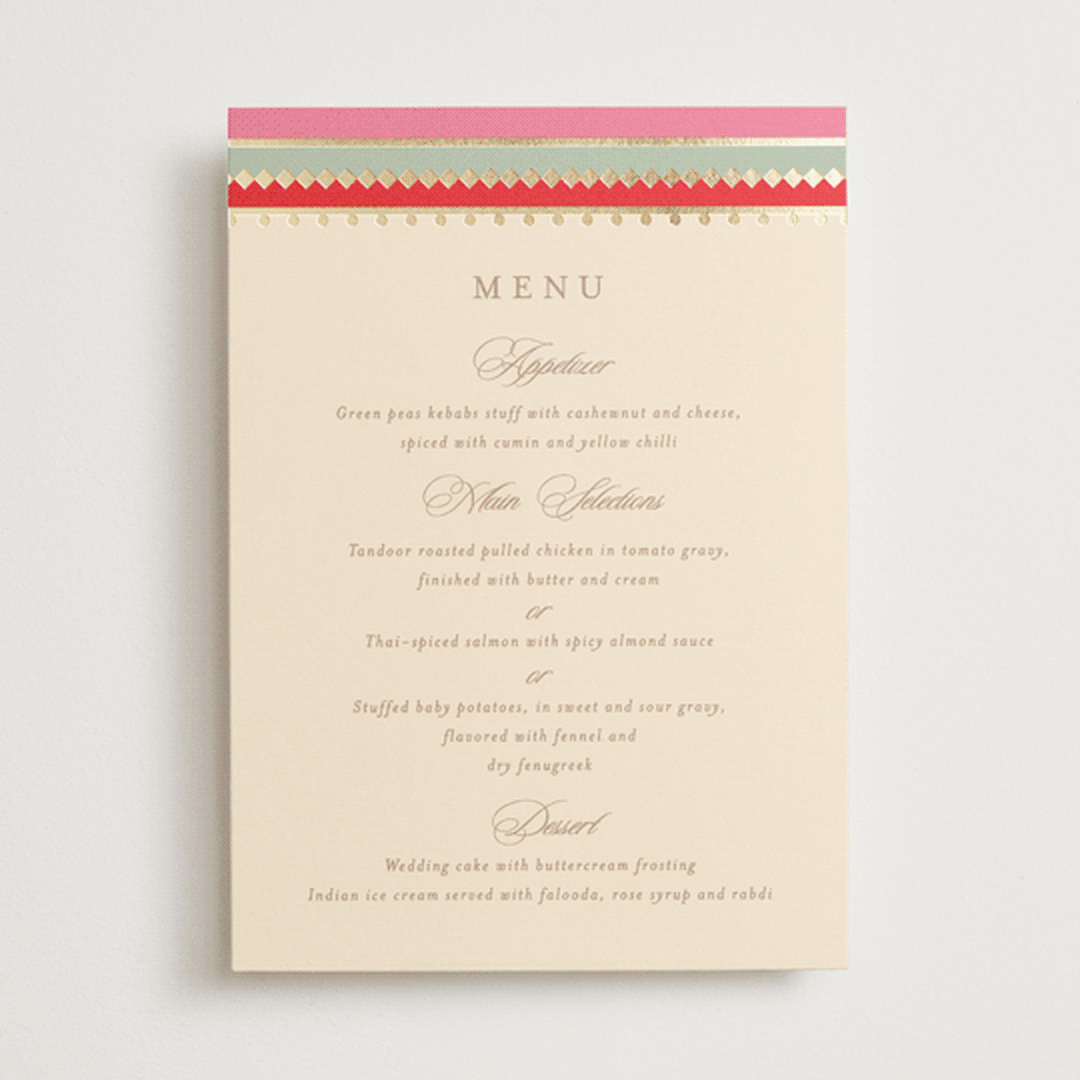 "Mandapam" - Foil-Pressed Menus in Carnation by Creo Study - Front
