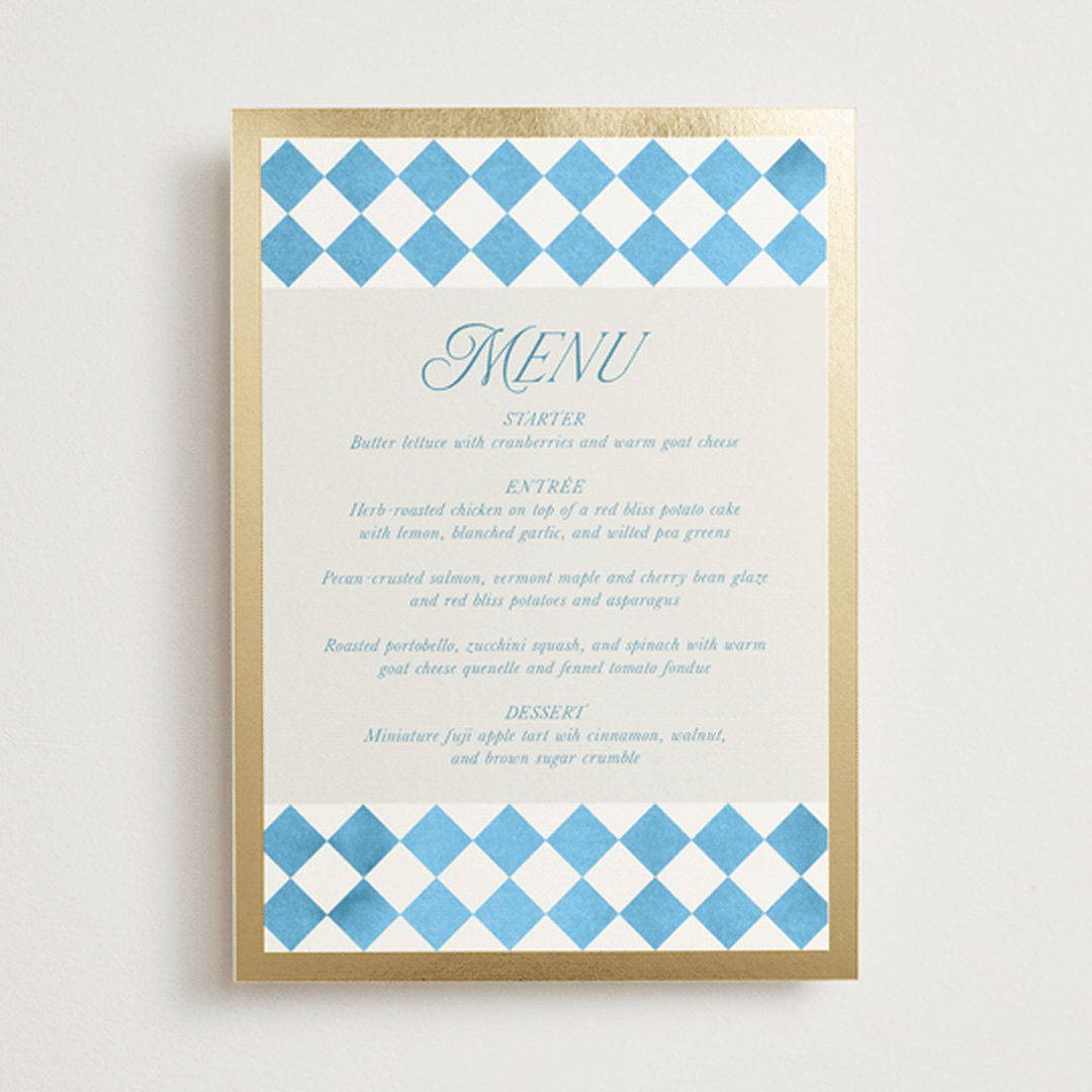 "Knightsbridge" - Foil-Pressed Menus in Sky by Jackie Crawford - Front