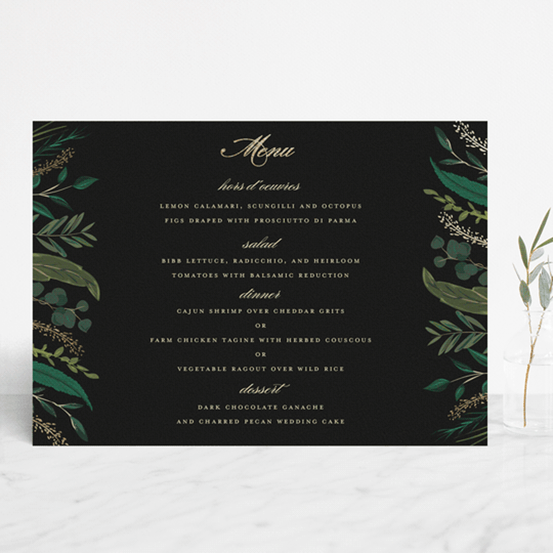 "Emerald Leaves" - Foil-Pressed Menus in Midnight by Susan Moyal - Front