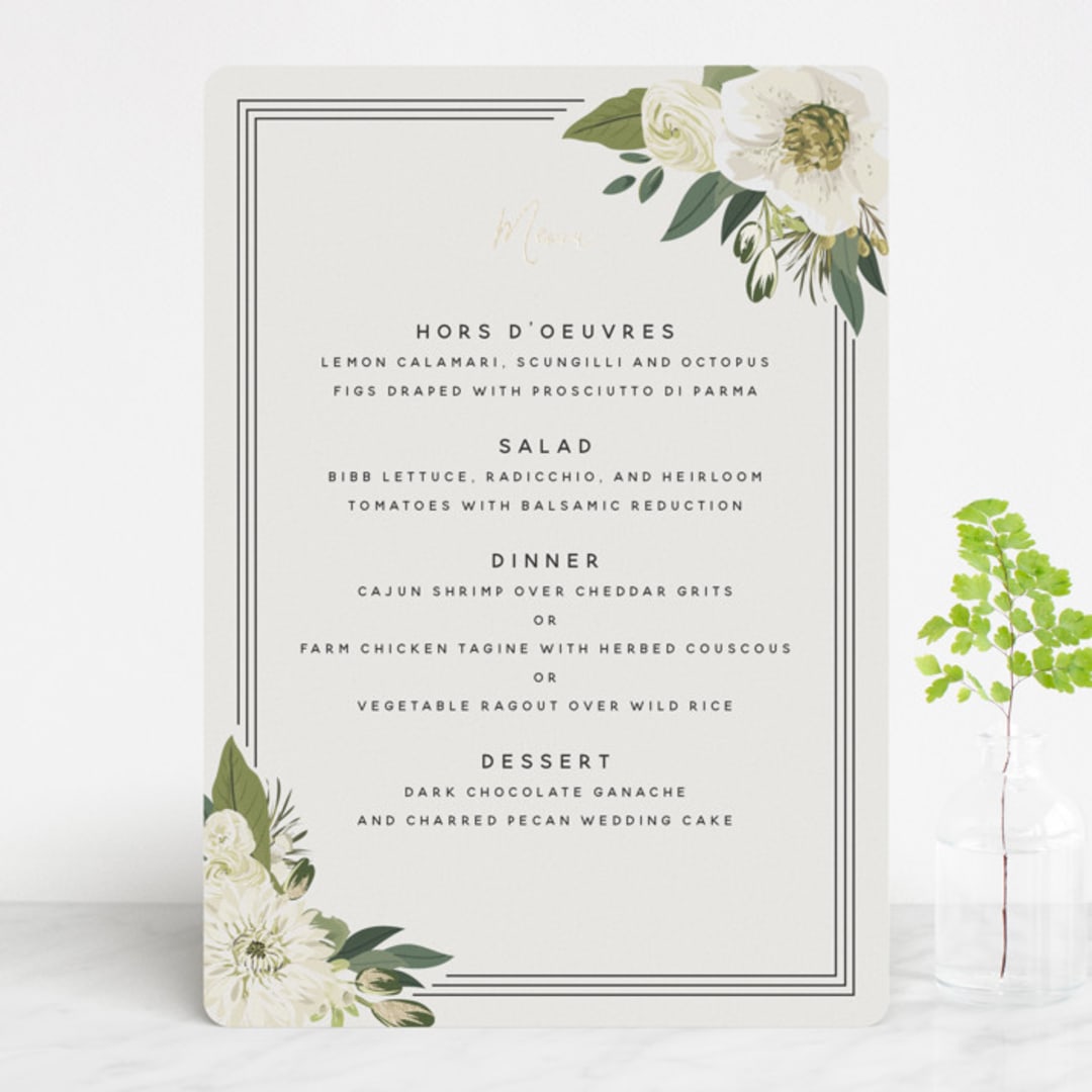 "Garden Blooms" - Foil-Pressed Menus in Ivory by Susan Moyal - Front
