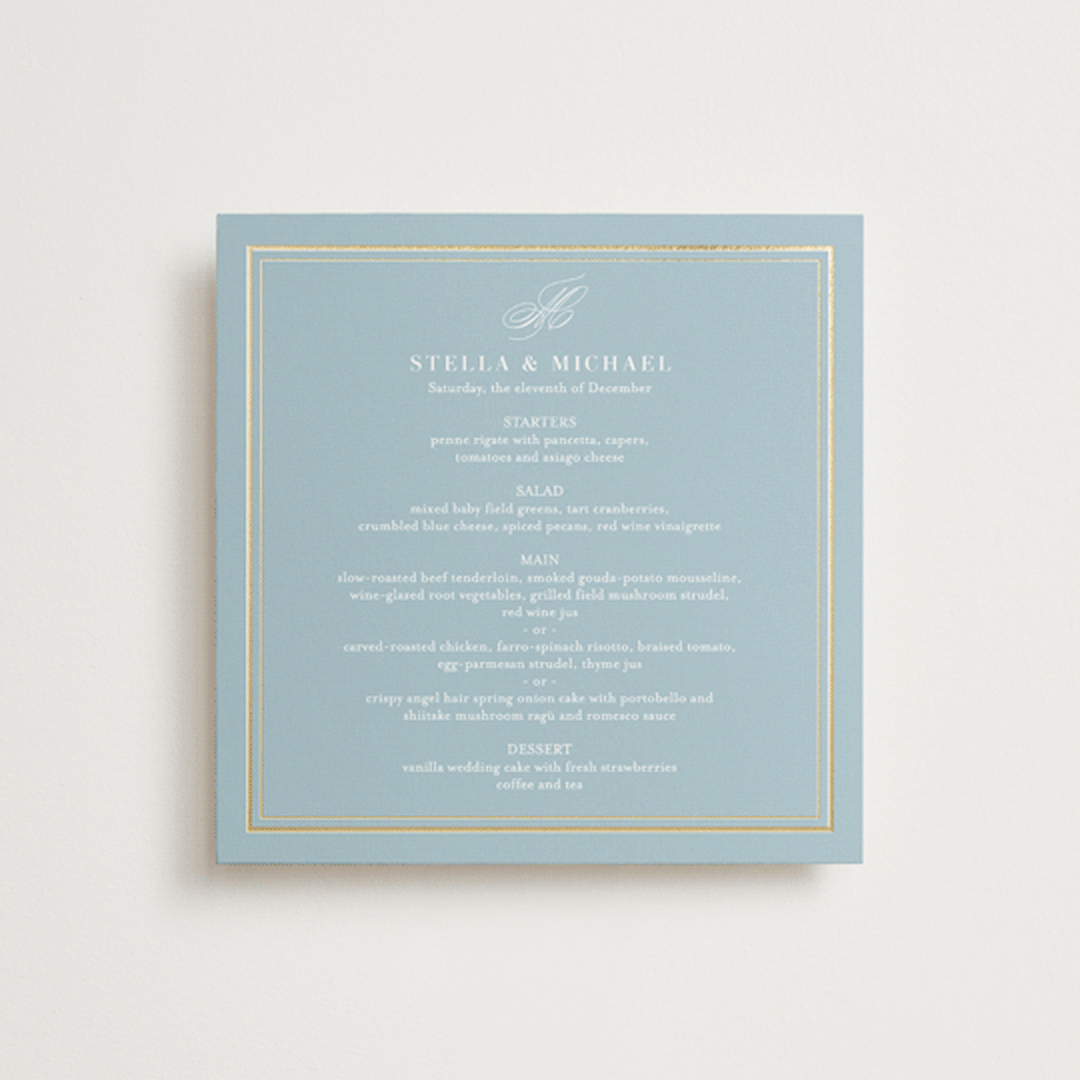 "Polished" - Foil-Pressed Menus in Powder Blue by Jennifer Postorino - Front