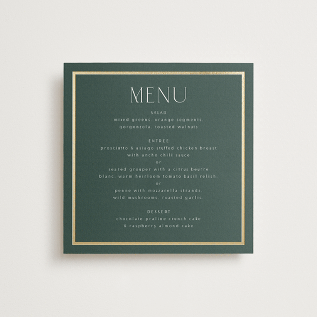 "Regal" - Foil-Pressed Menus in Evergreen by Nicole Walsh - Front