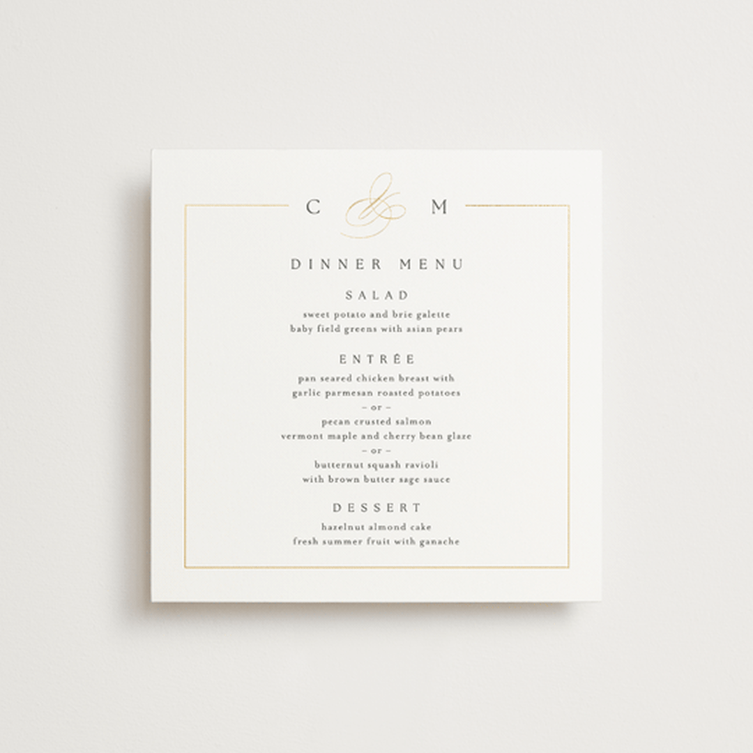 "Framed Monogram" - Foil-Pressed Menus in Silk by Kelly Schmidt - Front